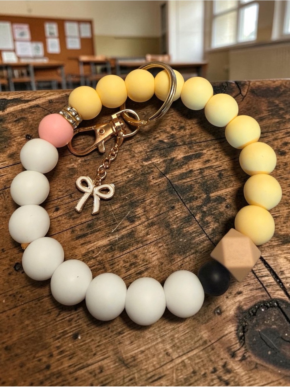 Beaded Wrist Key & Card Holder Bracelet - Yellow, White & Pink